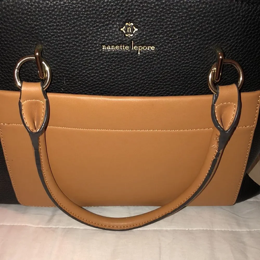 nanette lepore Darryl Color Block Black Camel Ivory Faux Leather Satchel